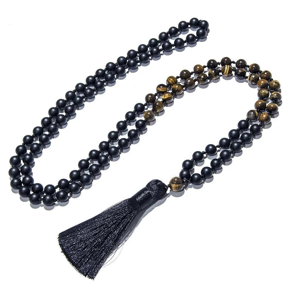 Knotted Mala Tiger Eye & Matte Black Onyx 108 Beads - Serenity Factory