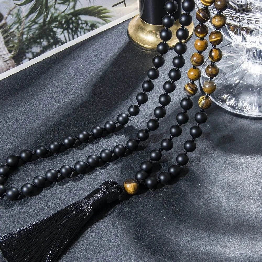 Knotted Mala Tiger Eye & Matte Black Onyx 108 Beads - Serenity Factory