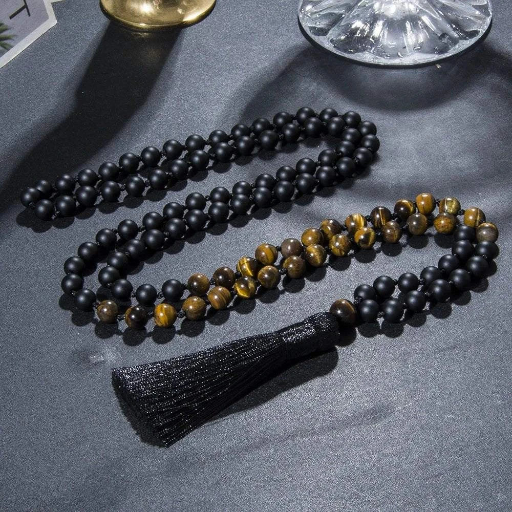 Knotted Mala Tiger Eye & Matte Black Onyx 108 Beads - Serenity Factory