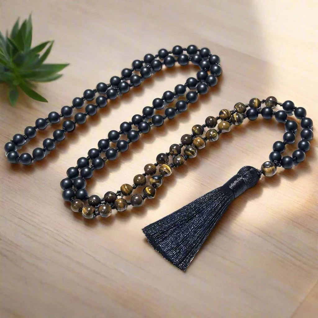 Knotted Mala Tiger Eye & Matte Black Onyx 108 Beads - Serenity Factory