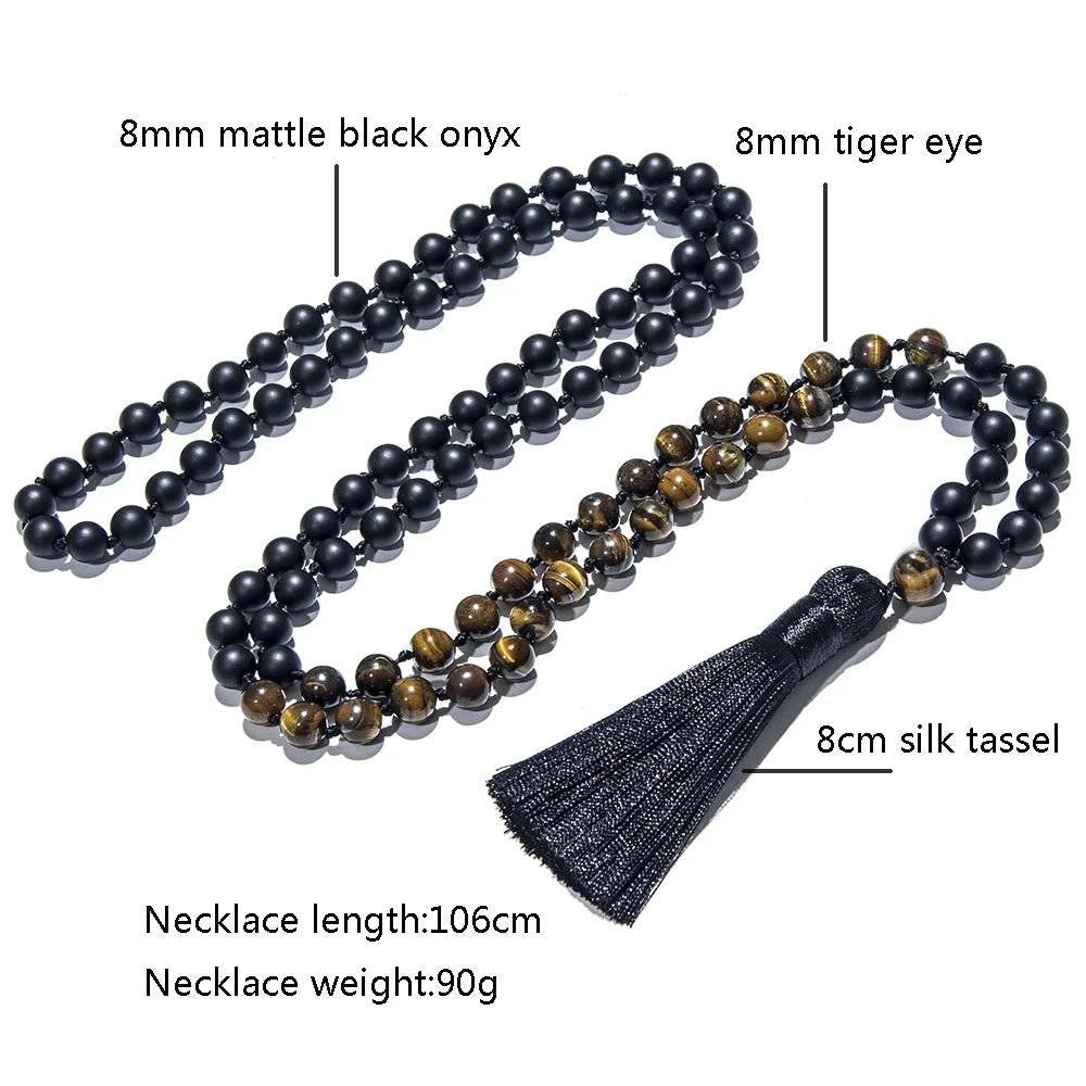 Knotted Mala Tiger Eye & Matte Black Onyx 108 Beads - Serenity Factory