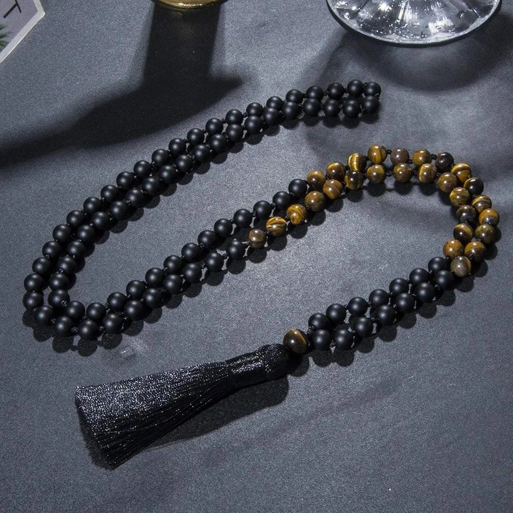 Knotted Mala Tiger Eye & Matte Black Onyx 108 Beads - Serenity Factory