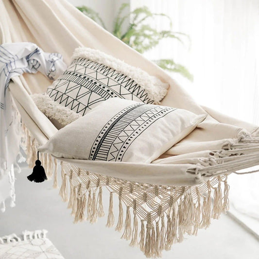 Large boho 2 person hammock with macrame fringe, cozy and durable for couples, supports up to 550 lbs.