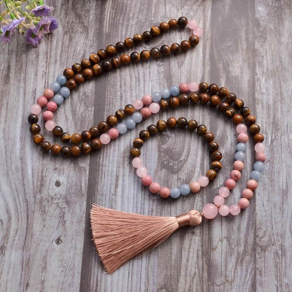 108-Bead Tiger Eye, Rose Quartz & Aquamarine Mala Necklace and Bracelet Set with Tassel.