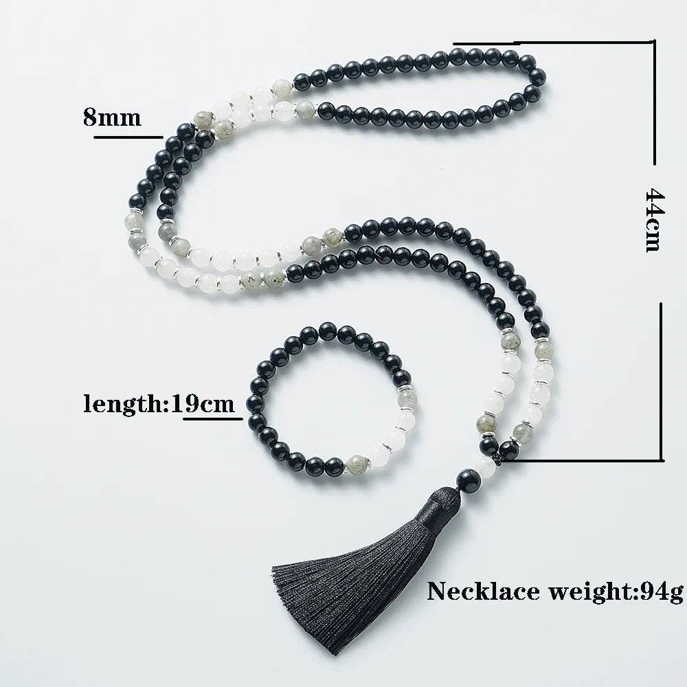 Mala Black Onyx, White Jade & Labradorite, 108 - Bead Mala or Mala & Bracelet Set - Serenity Factory