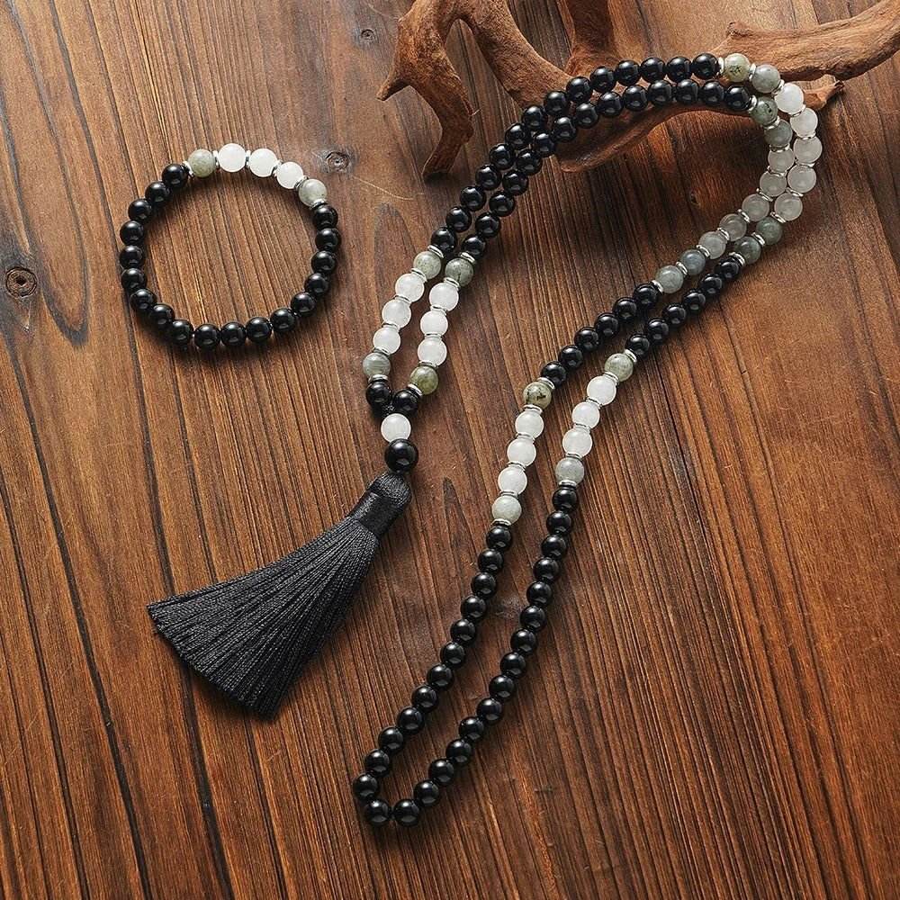 Black Onyx, White Jade, and Labradorite 108-Bead Mala Necklace and Bracelet Set with Black Tassel, ideal for meditation and yoga practices.
