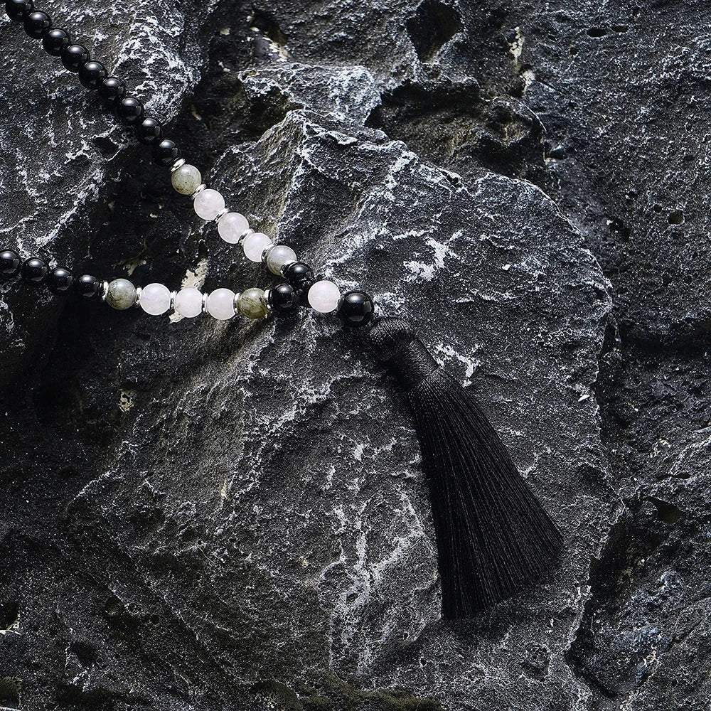 Mala Black Onyx, White Jade & Labradorite, 108 - Bead Mala or Mala & Bracelet Set - Serenity Factory