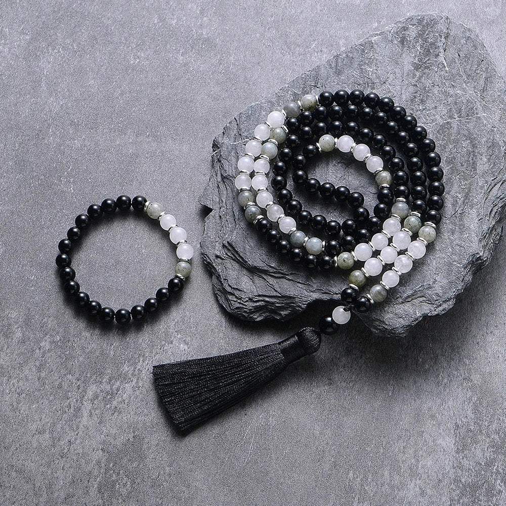 Mala Black Onyx, White Jade & Labradorite, 108 - Bead Mala or Mala & Bracelet Set - Serenity Factory