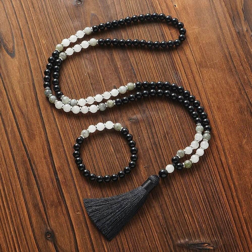 Mala Black Onyx, White Jade & Labradorite, 108 - Bead Mala or Mala & Bracelet Set - Serenity Factory