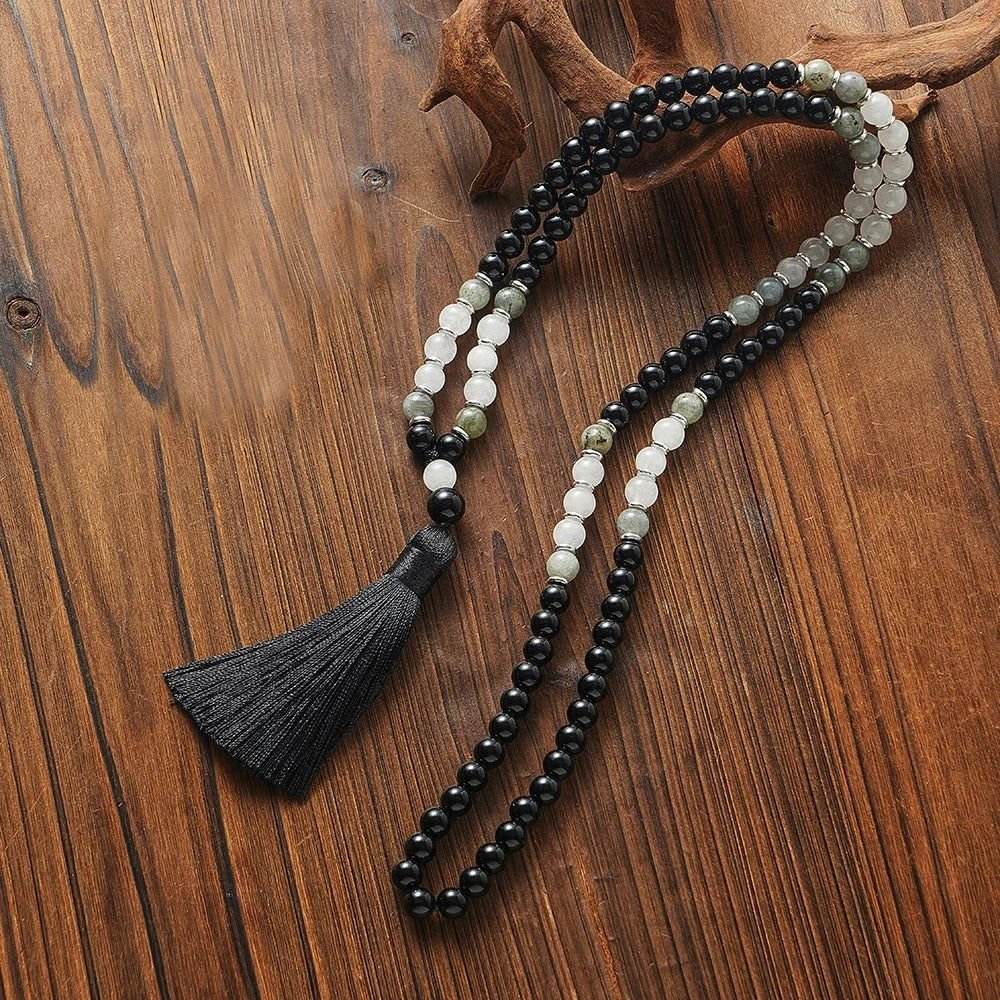 Mala Black Onyx, White Jade & Labradorite, 108 - Bead Mala or Mala & Bracelet Set - Serenity Factory