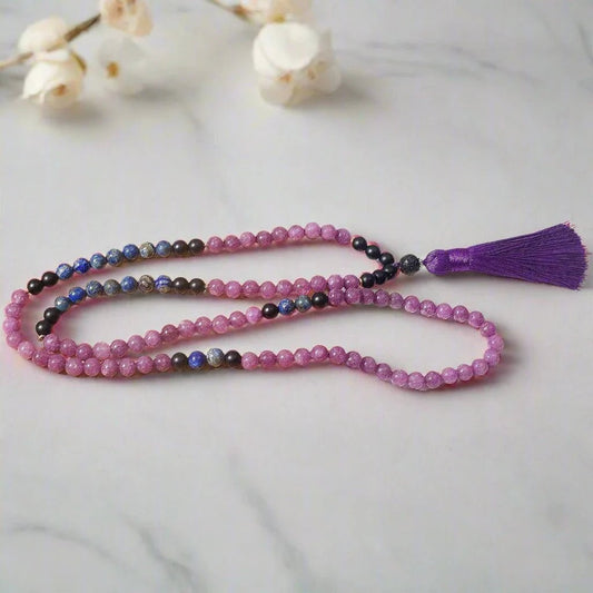 Mala Lepidolite & Lapis Lazuli 108 knotted Beads. Mala or Set with Bracelet. - Serenevi