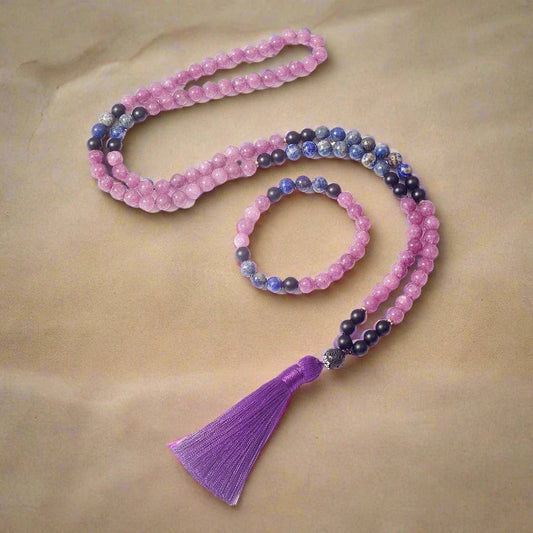 Mala Lepidolite & Lapis Lazuli 108 knotted Beads. Mala or Set with Bracelet. - Serenevi