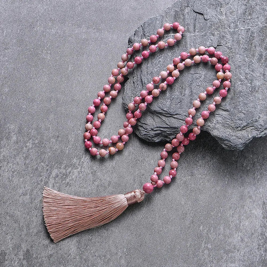Mala Rhodochrosite 108 - Knotted Heart - Opening Crystal Beads - Serenity Factory