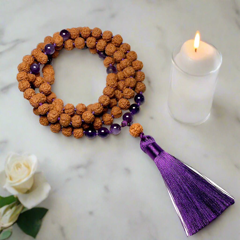 Natural Rudraksha 108 mala Knotted Amethyst - Mala, Bracelet or Set - Serenity Factory US