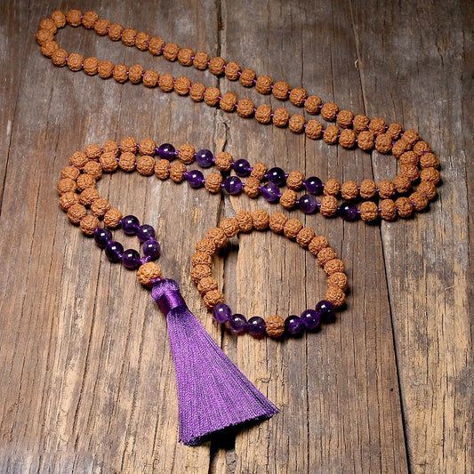 Natural Rudraksha 108 mala Knotted Amethyst - Mala, Bracelet or Set - Serenity Factory US