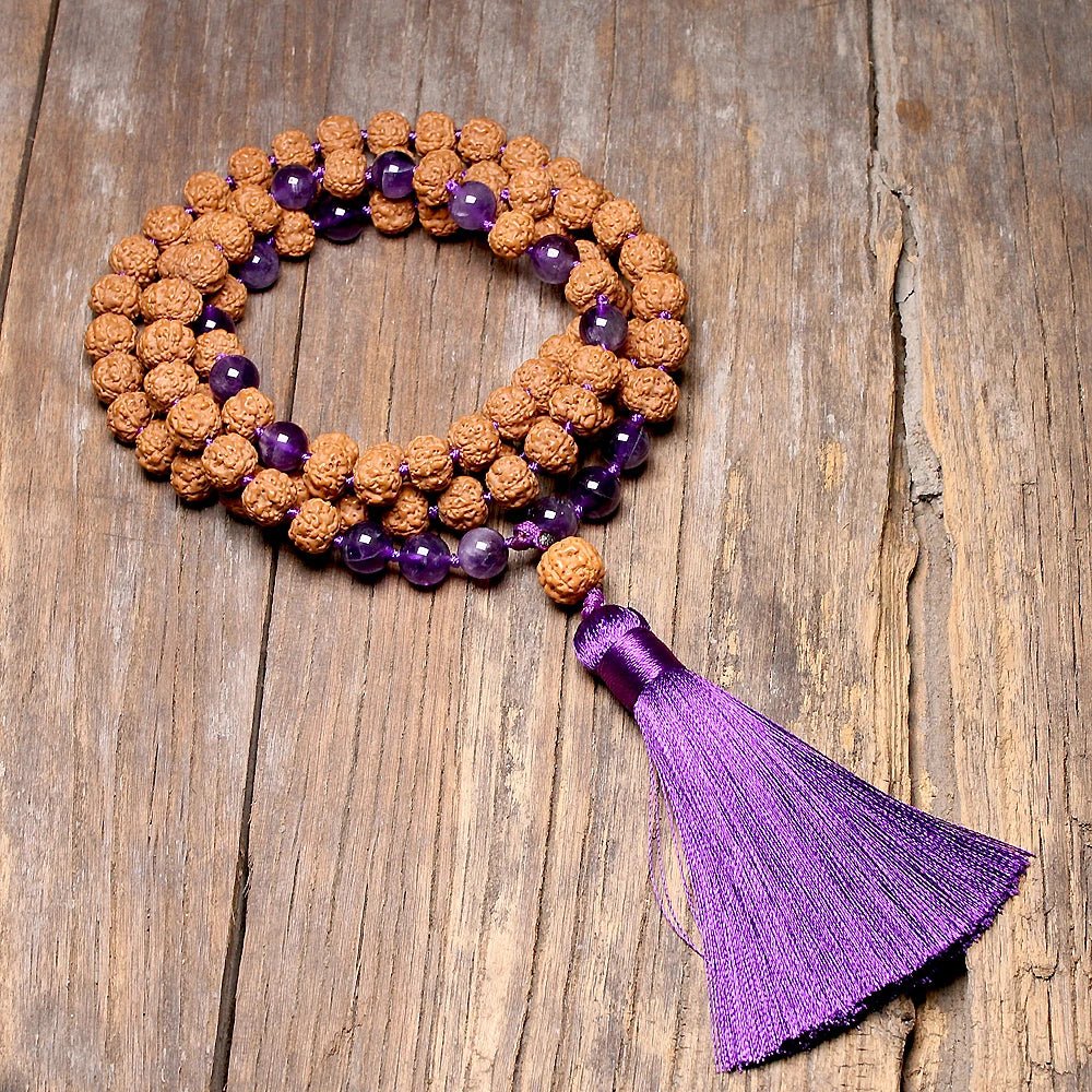 Natural Rudraksha 108 mala Knotted Amethyst - Mala, Bracelet or Set - Serenity Factory US