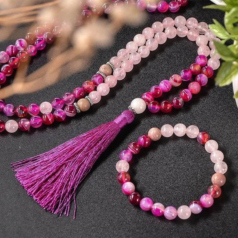 Pretty in Pink Mala & Bracelet Set - Pink Agate, Rose Quartz & Rhodonite - Serenity Factory