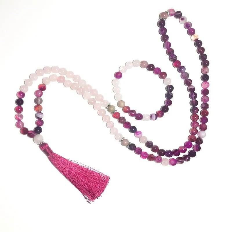 Pretty in Pink Mala & Bracelet Set - Pink Agate, Rose Quartz & Rhodonite - Serenity Factory