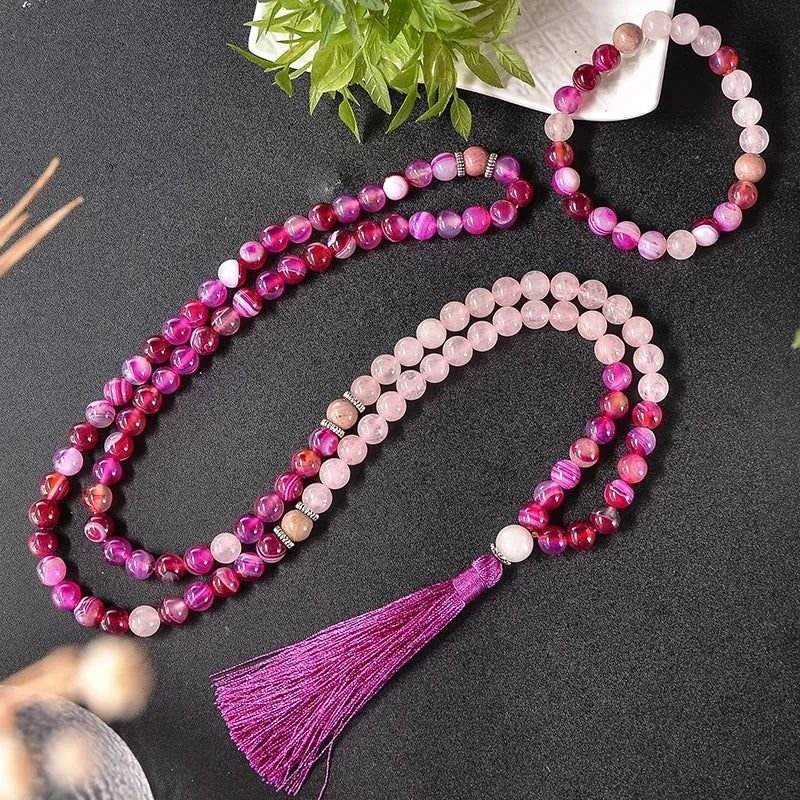 Pretty in Pink Mala & Bracelet Set with pink agate, rose quartz, rhodonite beads, and purple tassel for heart chakra alignment.