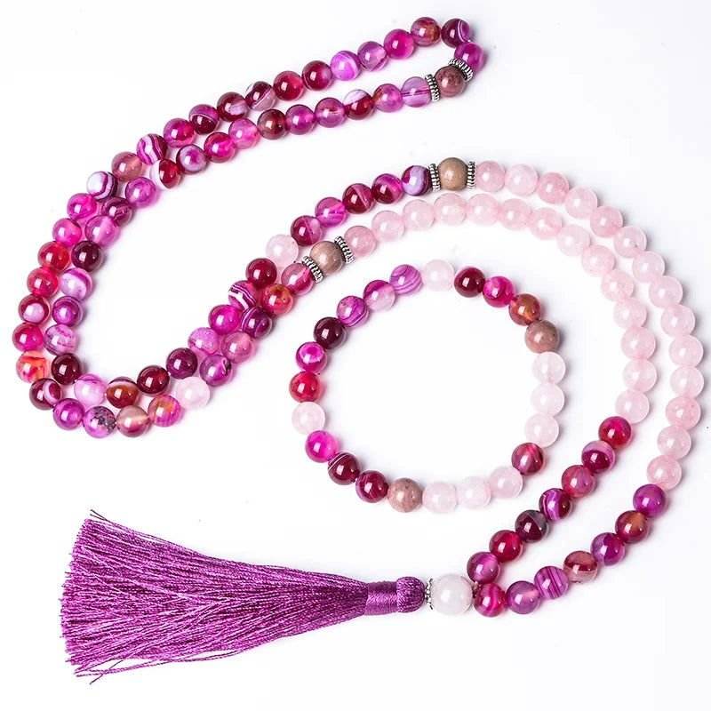 Pretty in Pink Mala & Bracelet Set - Pink Agate, Rose Quartz & Rhodonite - Serenity Factory