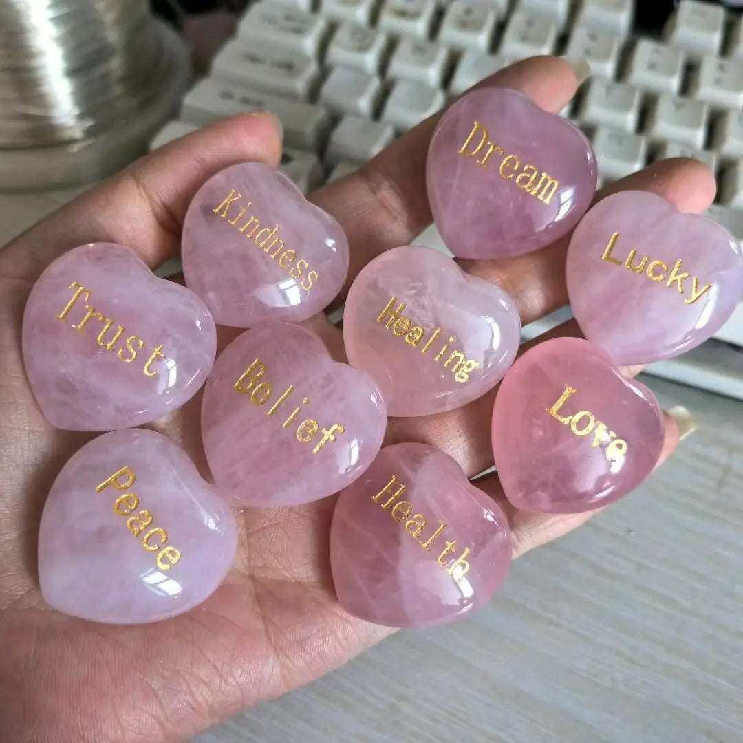 Rose Quartz Heart with Engraved Word – A Beautiful Message of Love - Serenity Factory