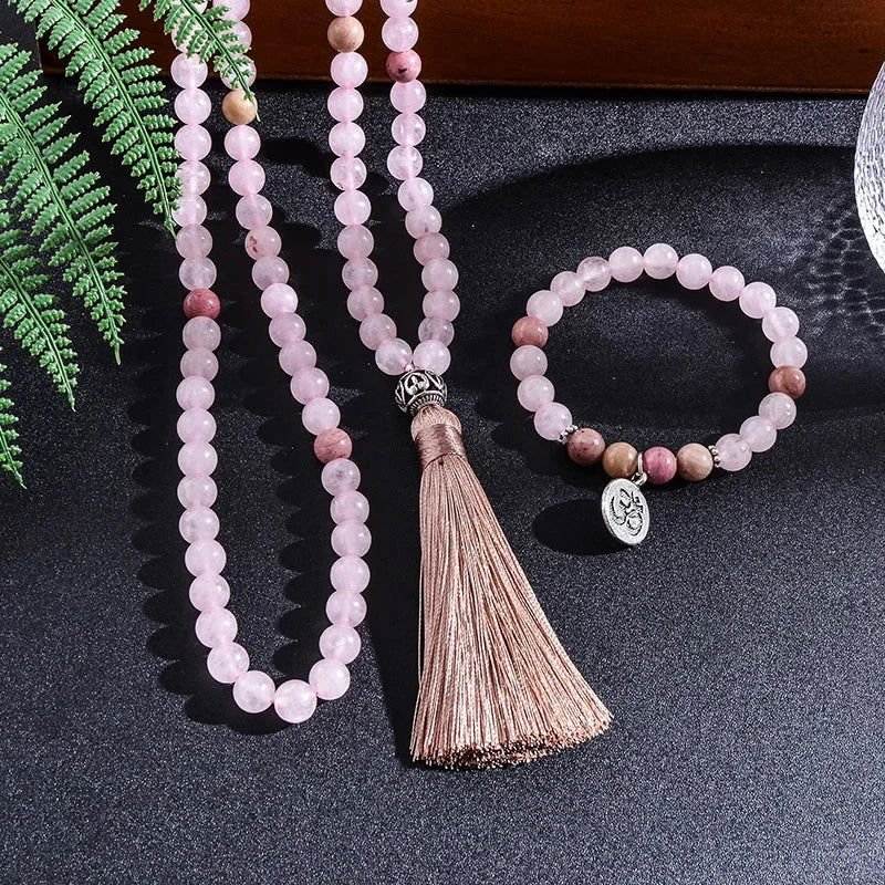 Rose Quartz Rhodonite Mala with OM Charm and Pink Tassel Set